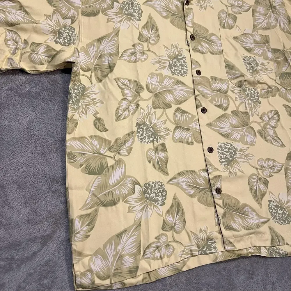Tommy Bahama Shirt Mens Large Yellow Green Floral Silk Camp Hawaiian Pocket - Picture 2 of 7